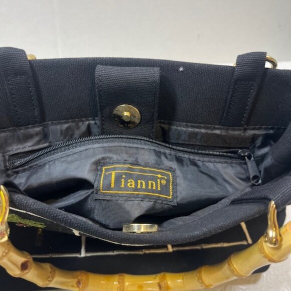 Black Tianni Handbag Embroidered Beaded Palm Trees Bamboo Handles 9"x4"x7.5" - Picture 8 of 14